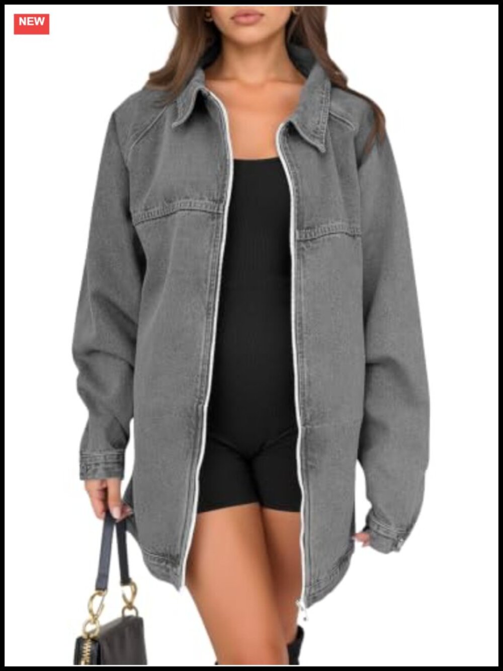 Oversized Denim Jacket Zip Up Long Sleeve Boyfriend Jean Coat